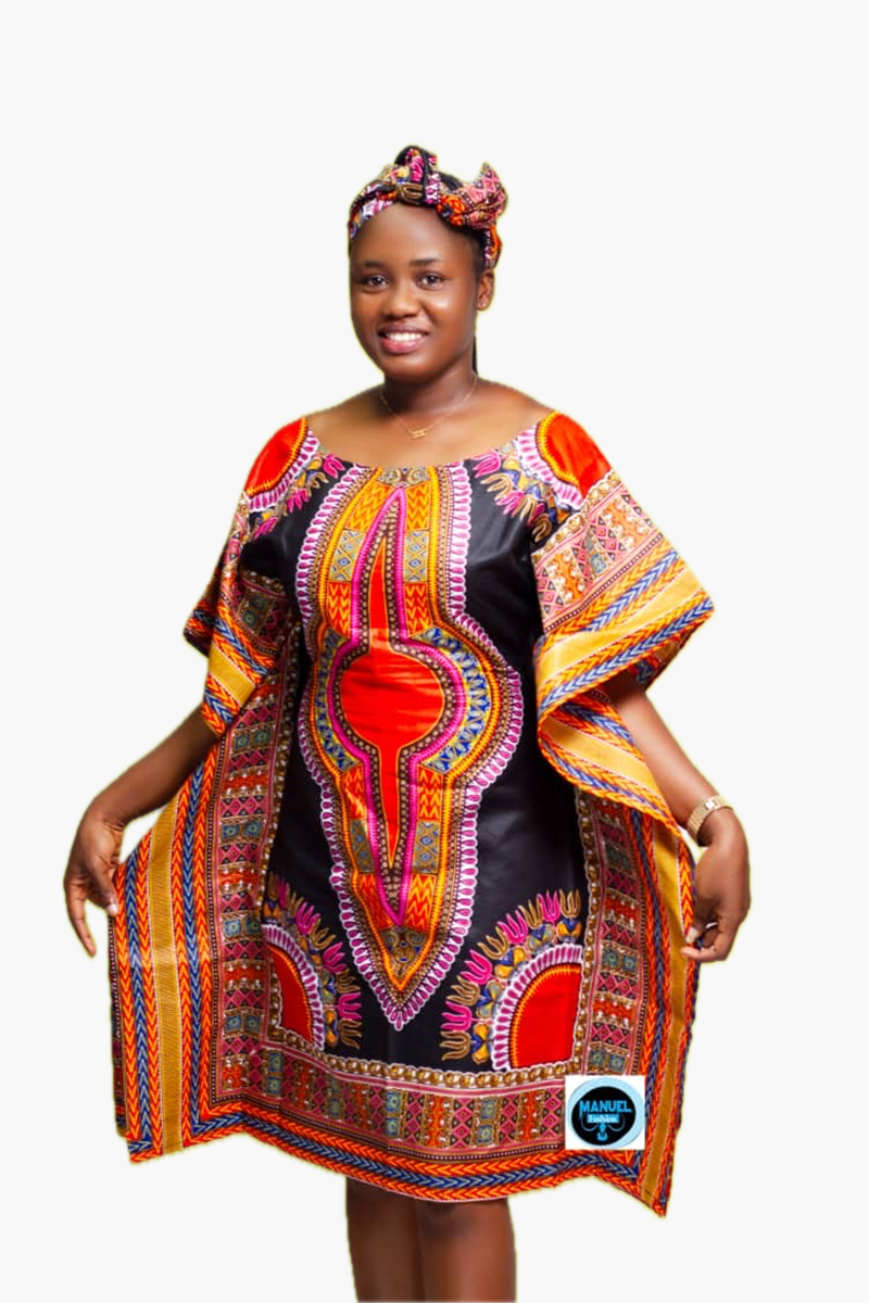 Women's Black Ankara Kaftan Dress with Multicolor Patterns